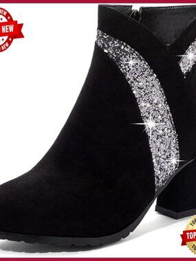 Female Ankle Boots Chunky High Heel Side Zipper Round Toe Sparkle Dress Booties